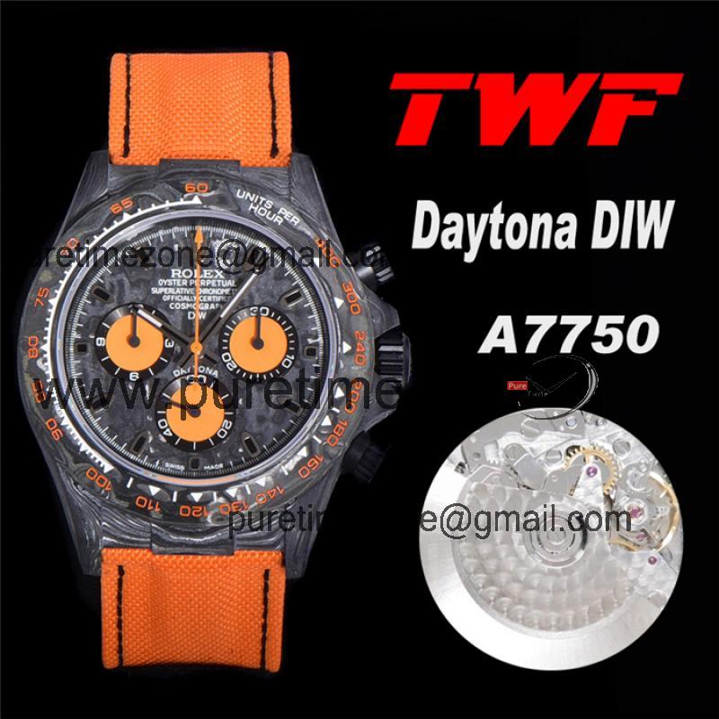 TWF Daytona DIW A7750 Automatic Mens Watch Black Case and Bezel Black Dial Orange Nylon Strap Best Edition