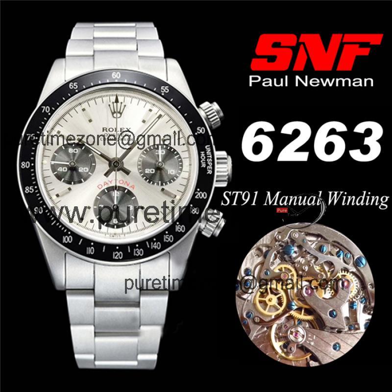 SNF "Paul Newman"Daytona 6263 Circa 1967 Rare Vintage ST91 Manual Winding Mens Watch Silver Dial SS Best EditioN-C