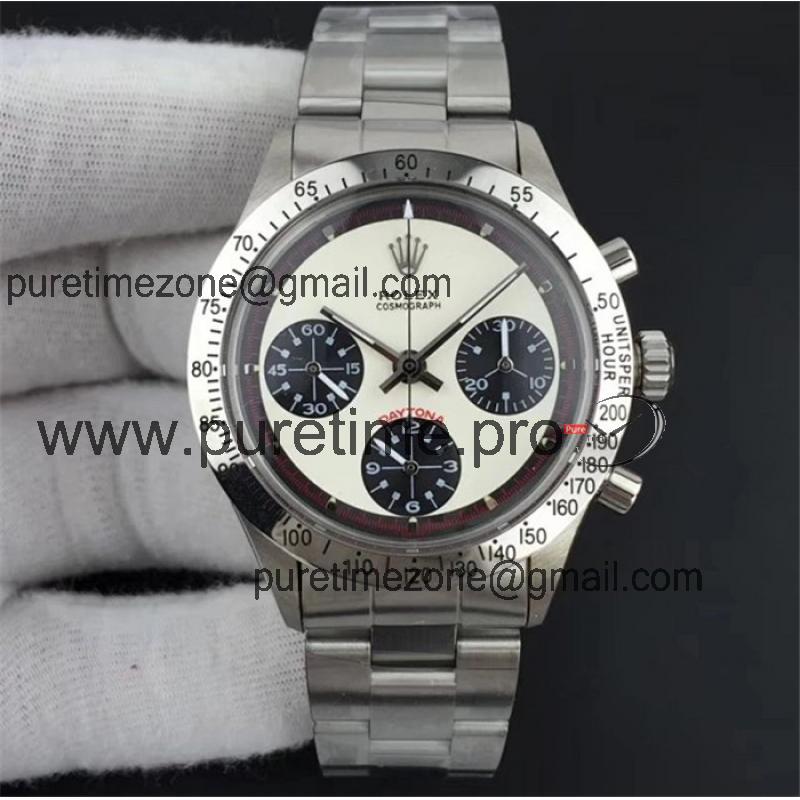 SNF "Paul Newman"Daytona 6263 Circa 1967 Rare Vintage ST91 Manual Winding Mens Watch White Dial SS Best Edition-D