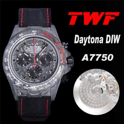 TWF Daytona DIW A7750 Automatic Mens Watch Carbon Case and Bezel Black/Red Dial on Black Nylon Strap Best Edition