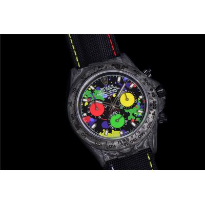 TWF Daytona DIW A7750 Automatic Mens Watch Carbon Case and Bezel Colorfu Dial on Black Nylon Strap Best Edition