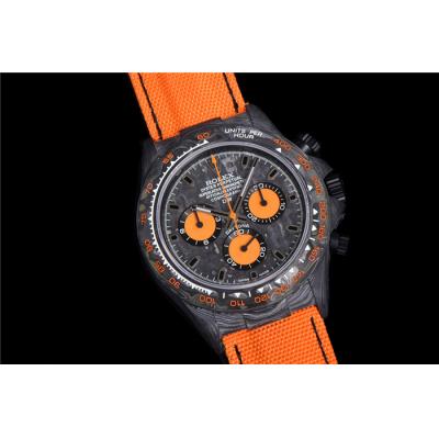 TWF Daytona DIW A7750 Automatic Mens Watch Black Case and Bezel Black Dial Orange Nylon Strap Best Edition