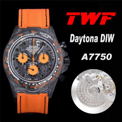 TWF Daytona DIW A7750 Automatic Mens Watch Black Case and Bezel Black Dial Orange Nylon Strap Best Edition