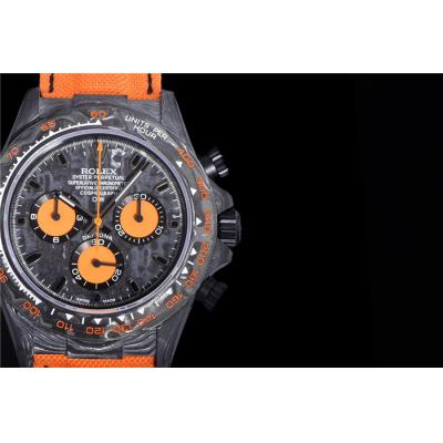 TWF Daytona DIW A7750 Automatic Mens Watch Black Case and Bezel Black Dial Orange Nylon Strap Best Edition