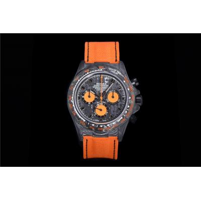 TWF Daytona DIW A7750 Automatic Mens Watch Black Case and Bezel Black Dial Orange Nylon Strap Best Edition