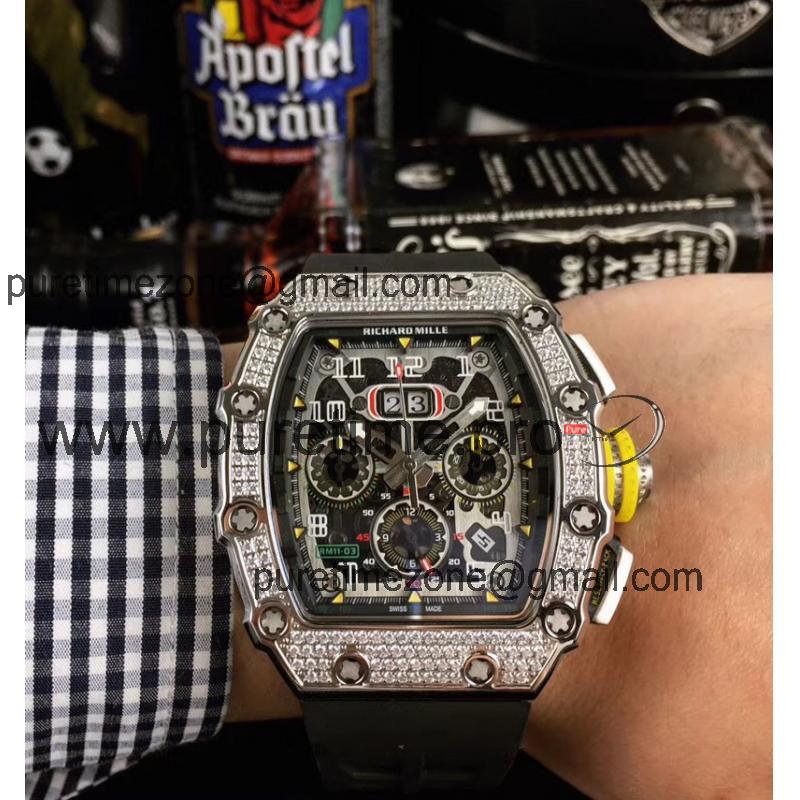 Replica  RICHARD MILLE RM011 RM11-03 Miyota Automatic Mens Watch Steel Case Diamond Bezel Rubber Strap RM011