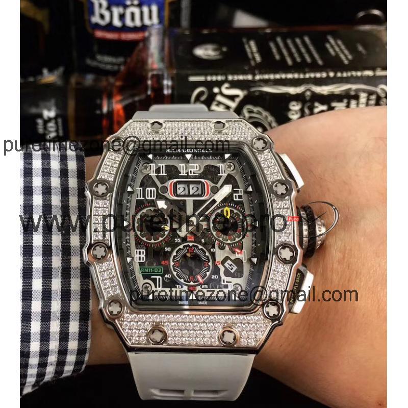 Replica  RICHARD MILLE RM011 RM11-03 Miyota Automatic Mens Watch Steel Case Diamond Bezel Gray Rubber