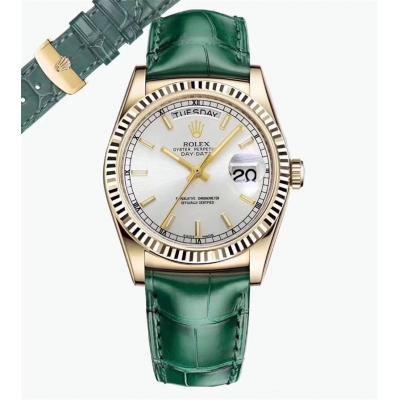 Day-Date 118138 36mm A2836 Automatic Mens Watch Best Edition TRF Yellow Gold Silver Dial Green Leather