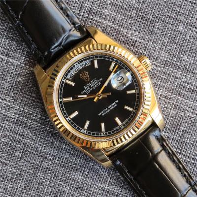 Day-Date 118138 36mm A2836 Automatic Mens Watch Best Edition TRF Yellow Gold Black Dial  Black Leather