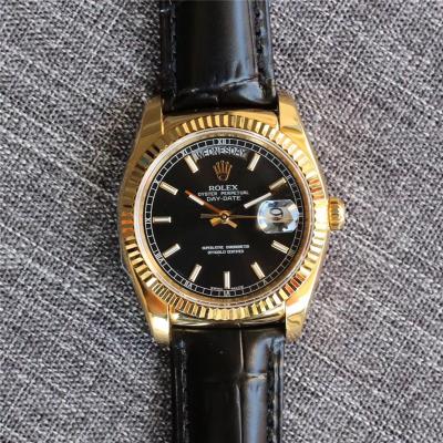 Day-Date 118138 36mm A2836 Automatic Mens Watch Best Edition TRF Yellow Gold Black Dial  Black Leather