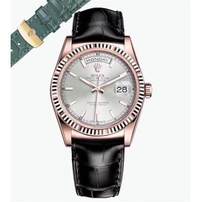 Day-Date 118138 36mm A2836 Automatic Mens Watch Best Edition TRF Rose Gold Silver Dial  Black Leather