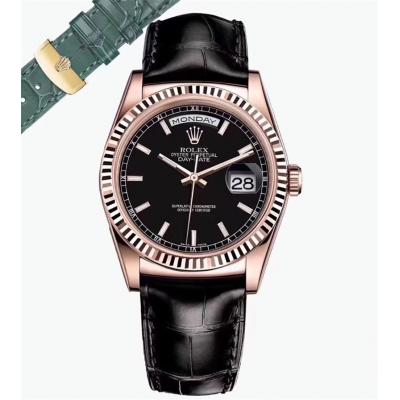 Day-Date 118138 36mm Automatic Mens Watch Best Edition TRF Rose Gold Black Dial A2836  Black Leather