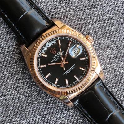 Day-Date 118138 36mm Automatic Mens Watch Best Edition TRF Rose Gold Black Dial A2836  Black Leather