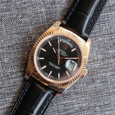 Day-Date 118138 36mm Automatic Mens Watch Best Edition TRF Rose Gold Black Dial A2836  Black Leather