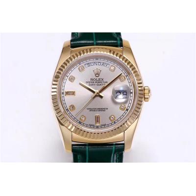 Day-Date 118138 36mm A2836 Automatic Mens Watch Best Edition TRF YG Silver Dial Diamond  Green Leather