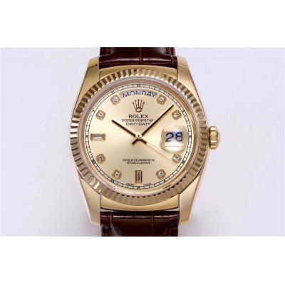 Day-Date 118138 36mm A2836 Automatic Mens Watch Best Edition TRF YG Gold Dial Diamond Brown Leather