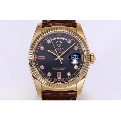 TRF Day-Date 118138 36mm A2836 Automatic Mens Watch YG Black Dial Diamond Brown Leather Best Edition