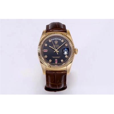 TRF Day-Date 118138 36mm A2836 Automatic Mens Watch YG Black Dial Diamond Brown Leather Best Edition