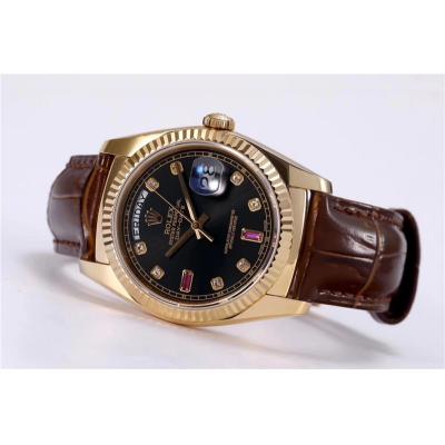 TRF Day-Date 118138 36mm A2836 Automatic Mens Watch YG Black Dial Diamond Brown Leather Best Edition