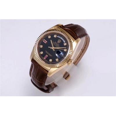 TRF Day-Date 118138 36mm A2836 Automatic Mens Watch YG Black Dial Diamond Brown Leather Best Edition