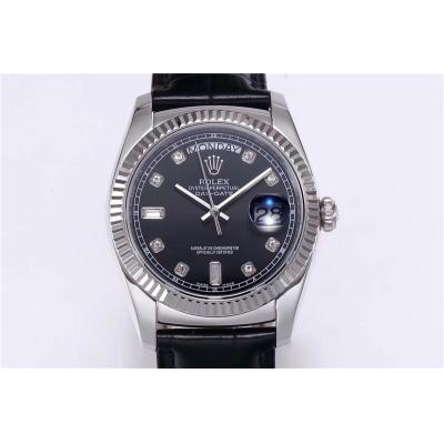 TRF Day-Date 118139 36mm A2836 Automatic Mens Watch Black Dial Diamond Black Leather Best Edition