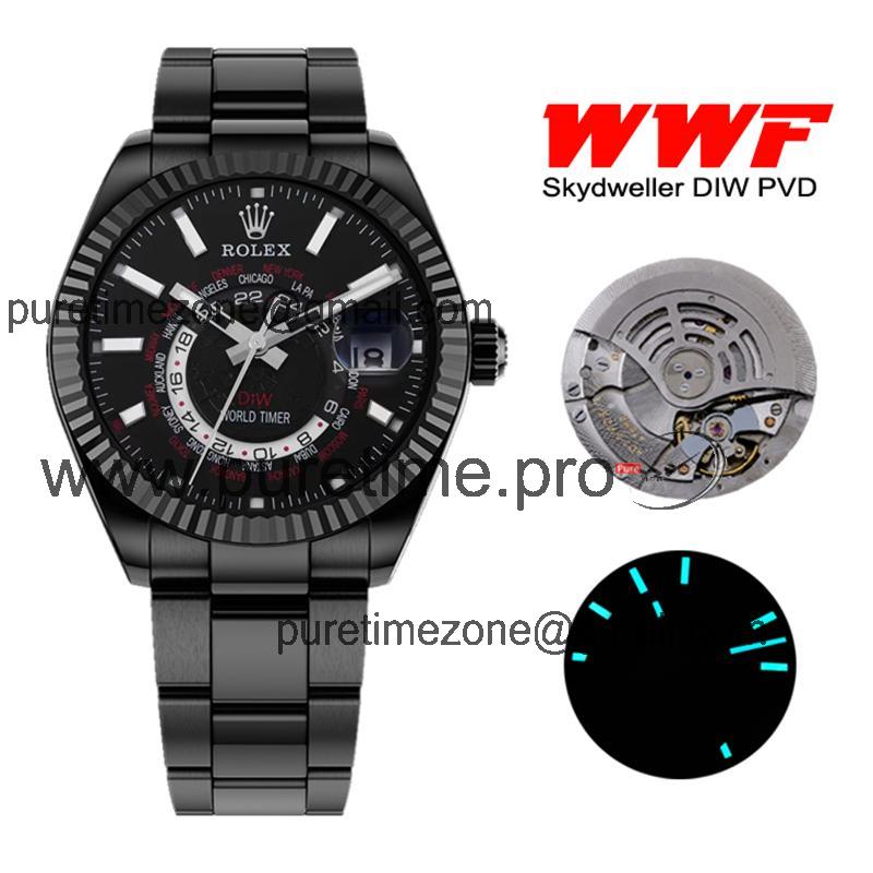 WWF Sky Dweller DIW Black PVD Fluted Bezel Black Dial A23J Automatic Mens Watch Super Clone