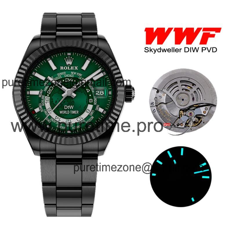 WWF Sky Dweller DIW Black PVD Fluted Bezel Green Dial A23J Automatic Mens Watch Super Clone