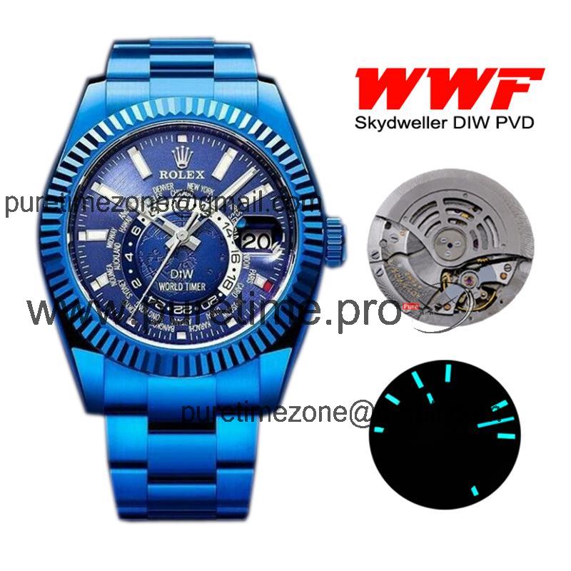 WWF Sky Dweller DIW Blue PVD Fluted Bezel Blue Dial A23J Automatic Mens Watch Super Clone