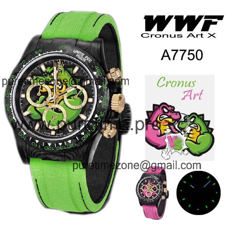 WWF Daytona Cronus Art X ETA A7750 Automatic Chronograph Mens Watch  Forged Carbon Crocodile Dial Green Nylon