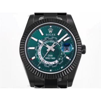 WWF Sky Dweller DIW Black PVD Fluted Bezel Green Dial A23J Automatic Mens Watch Super Clone