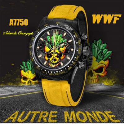 WWF Daytona Cronus Art X ETA A7750 Automatic Chronograph Mens Watch  Forged Carbon Skull Dial Yellow Nylon