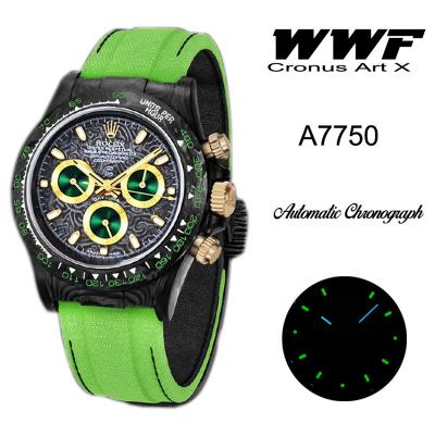 WWF Daytona Cronus Art X ETA A7750 Automatic Chronograph Mens Watch  Forged Carbon Green Dial Green Nylon