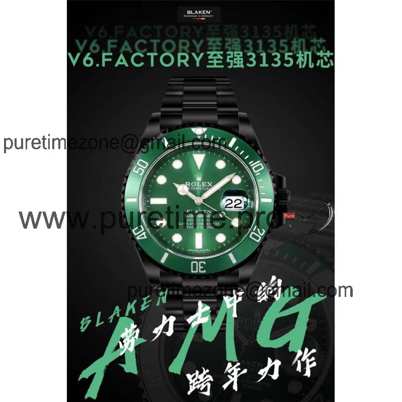 V6F Submariner BLAKEN A3135 Automatic Mens Watch DLC All Black Green Dial Oyster SS Bracelet  Best Edition