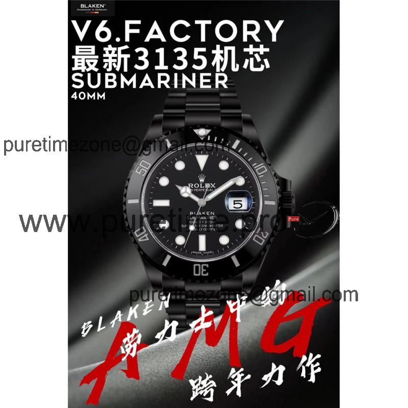 V6F Submariner BLAKEN A3135 Automatic Mens Watch DLC All Black Dial Oyster SS Bracelet  Best Edition