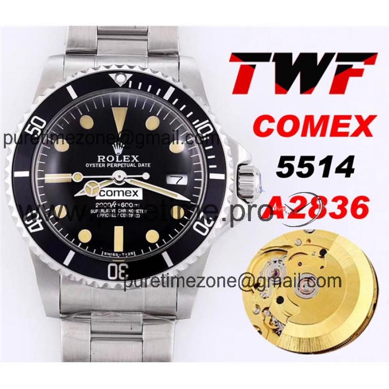 TWF Submariner Comex 5514 A2836 Automatic Mens Watch Black Dial Steel Bracelet Vintage Timepieces Version