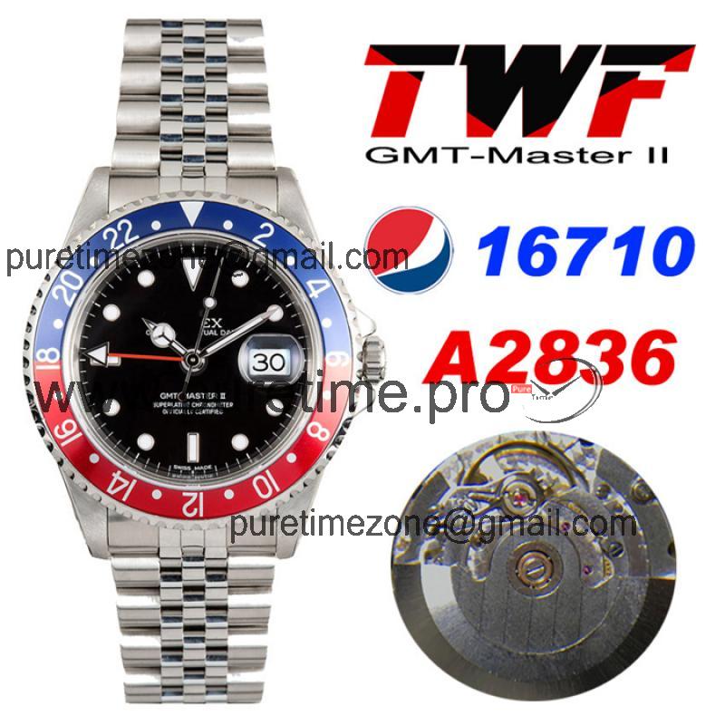 TWF GMT-Master 16710 A2836 Automatic Red Blue Ceramics Bezel Pepsi Mens Watch Black Dial Jubilee Retro Edition