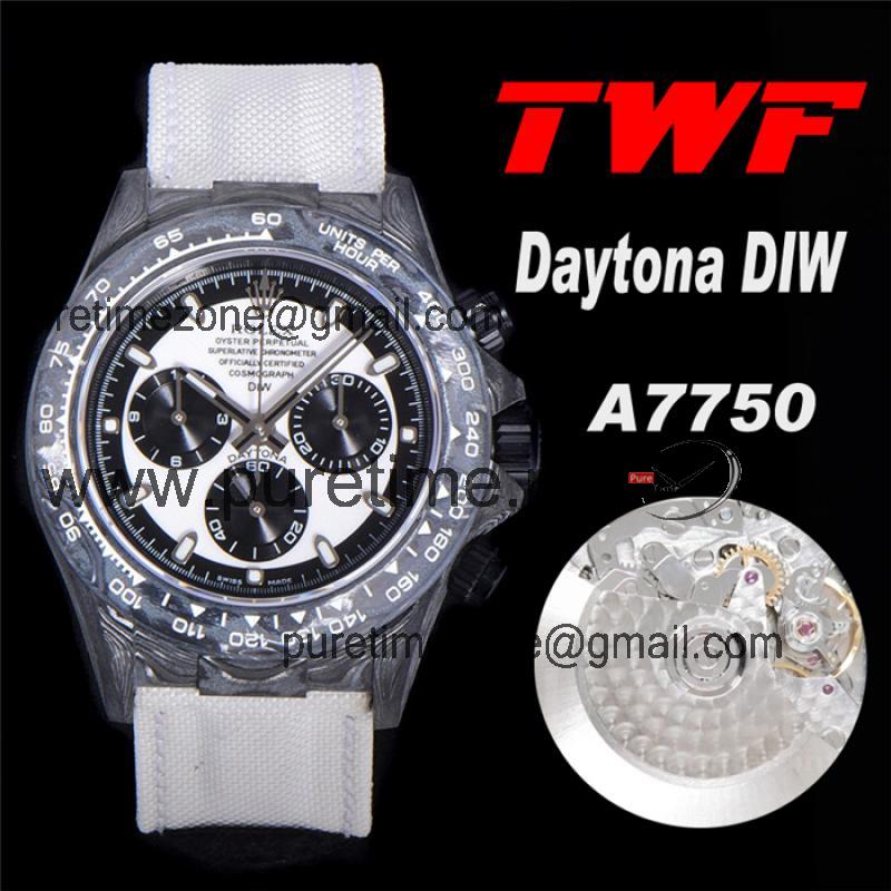 TWF Daytona DIW A7750 Automatic Mens Watch Black Case and Bezel Black Dial White Nylon Strap Best Edition