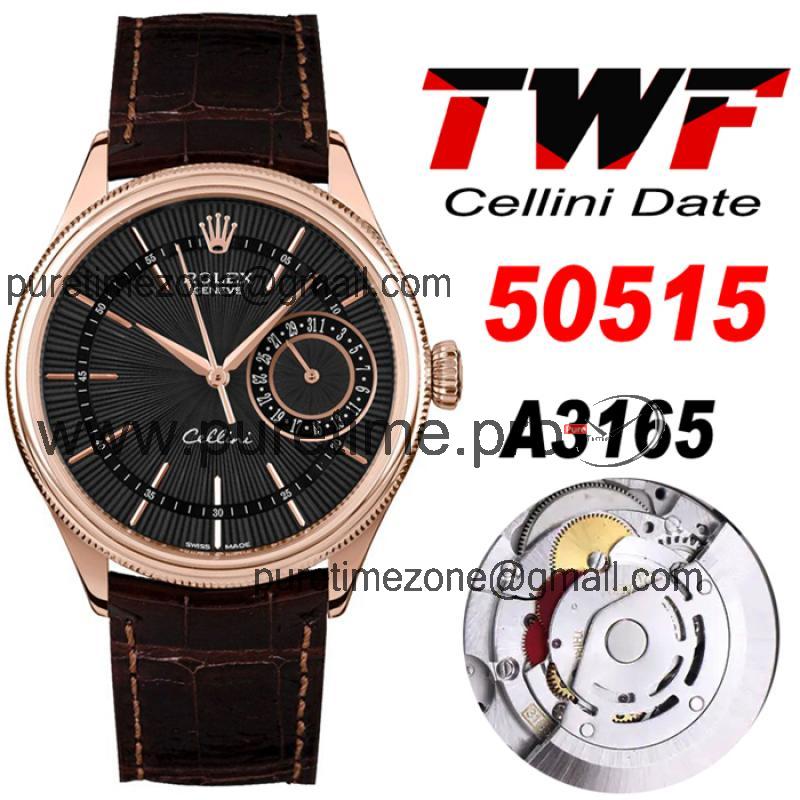 TWF Cellini Date 50515 A3165 Automatic Unisex Watch RG Black Dial Sticks Brown Leather Best Edition