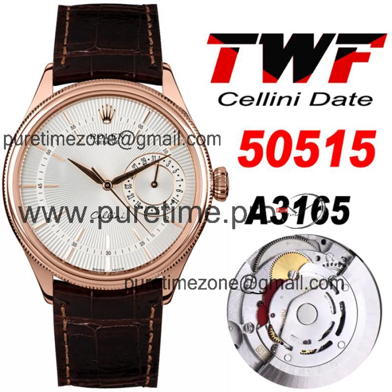 TWF Cellini Date 50515 A3165 Automatic Unisex Watch RG White Dial Sticks Brown Leather Best Edition