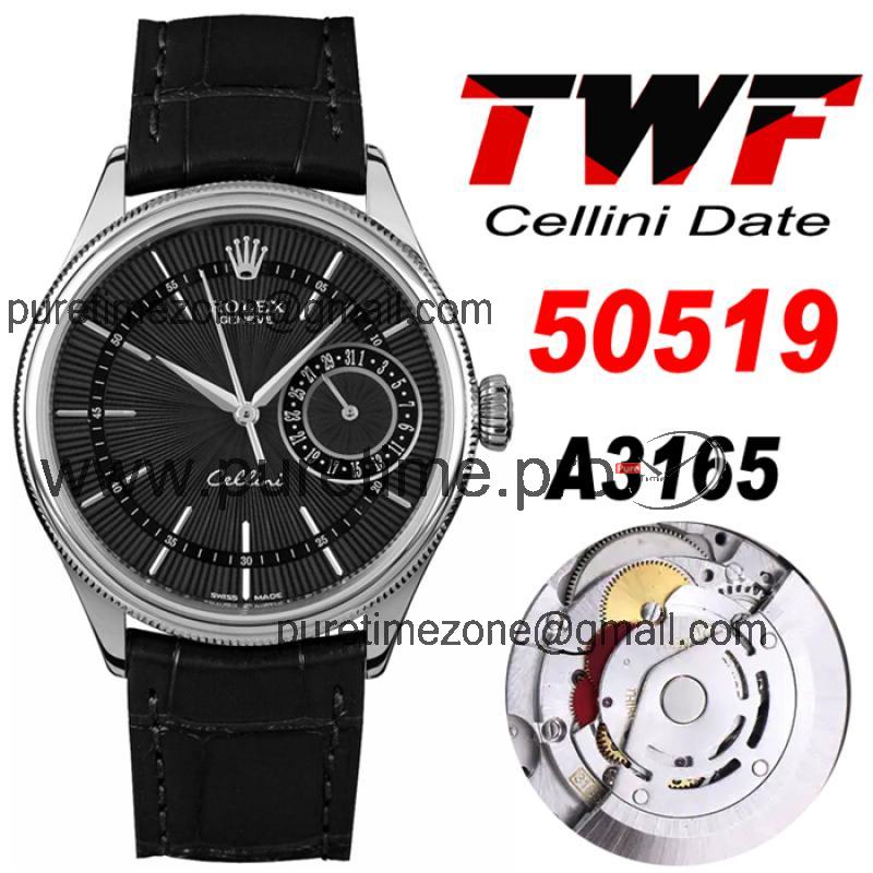 TWF Cellini Date 50519 A3165 Automatic Unisex Watch Black Dial Sticks Leather Strap Best Edition