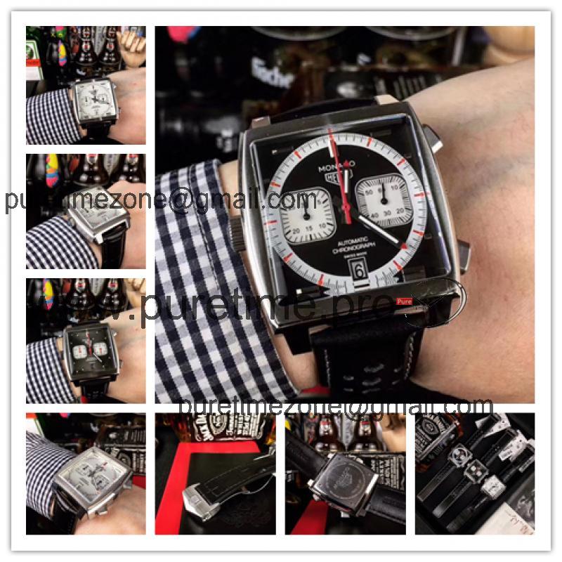 Replica Monaco Japan vk Quartz Mens Watch Black Dial Leather Strap