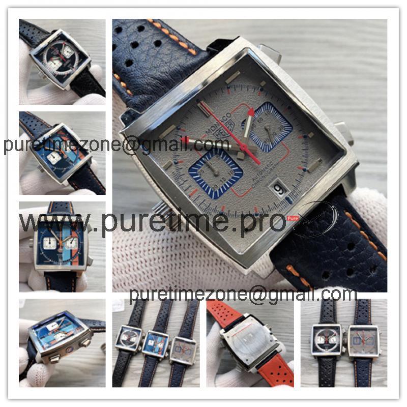 Replica Monaco Japan Quartz chronograph Mens Watch Gray Dial Leather Strap A