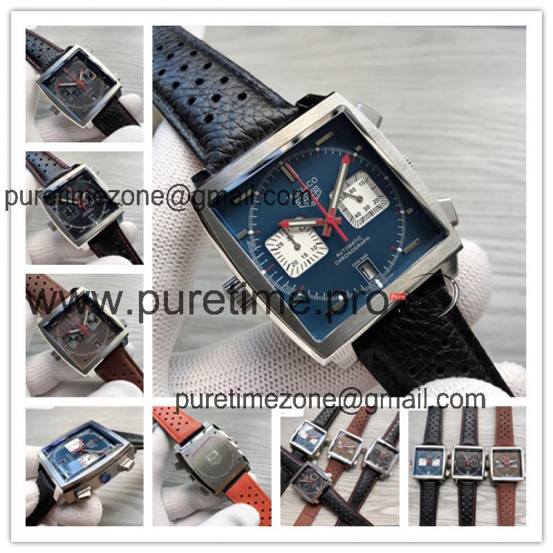 Replica Monaco Japan Quartz chronograph Mens Watch Blue Dial Leather Strap B