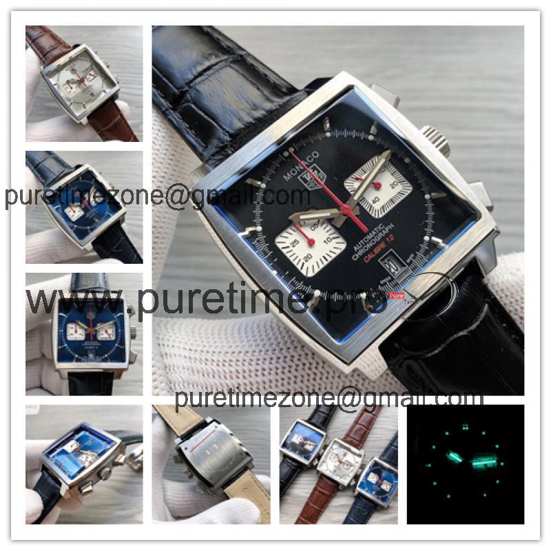 Replica Monaco Japan Quartz chronograph Mens Watch Black Dial Leather Strap C