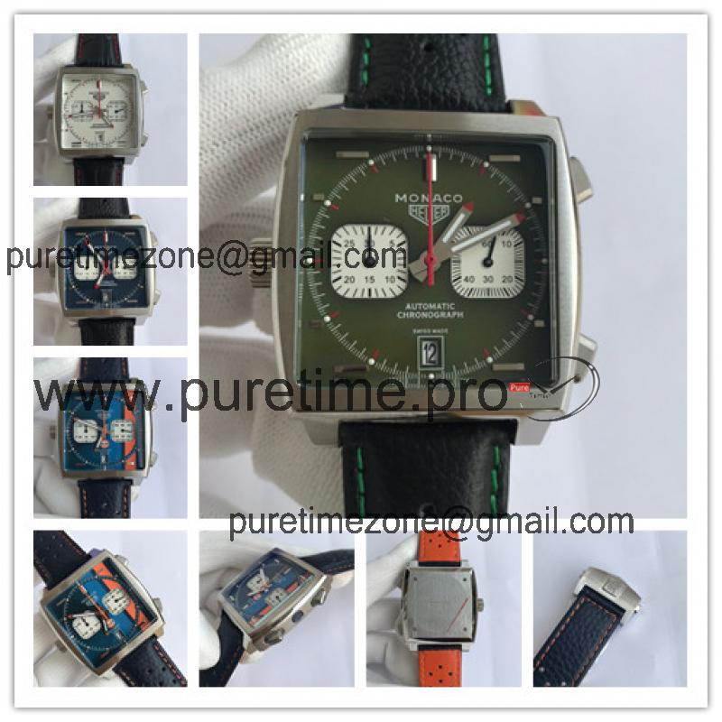 Replica Monaco Japan vk Quartz chronograph Mens Watch  Green Dial Leather Strap