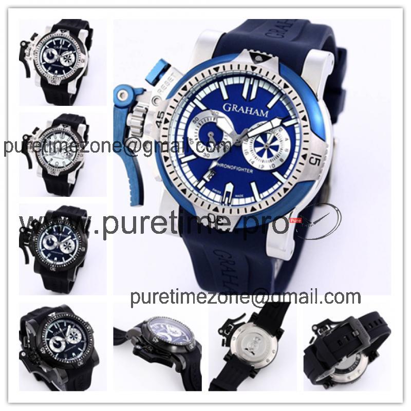 Replica Chronofighter Left Hand Japan Quartz Chronograph Mens Watch Blue Dial Rubber Strap