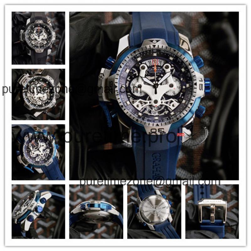 Replica Chronofighter Japan Quartz Chronograph Mens Watch Skeleton Dial SS Blue Rubber Strap