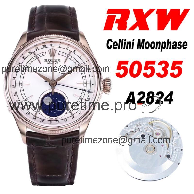 RXWF Cellini 50535 Moonphase A2824 Automatic Mens Watch RG White Dial Brown Leather Best Edition