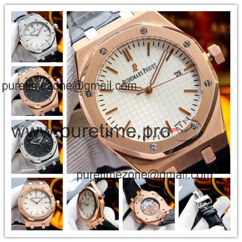 Replica  Royal Oak Miyota 8205 Automatic Movement Mens Watch White Dial Leather Strap E105