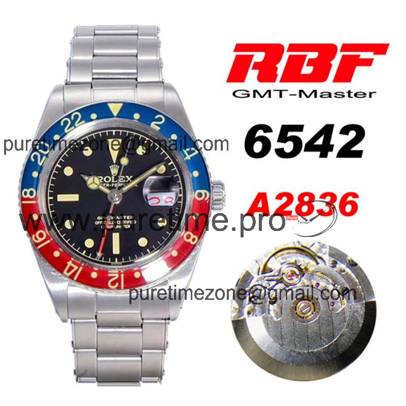 RBF GMT-Master II  6542 A2836 Automatic Watch Pepsi Plexiglas Beze Black Dial Stainless Steel Bracelet Best Edition